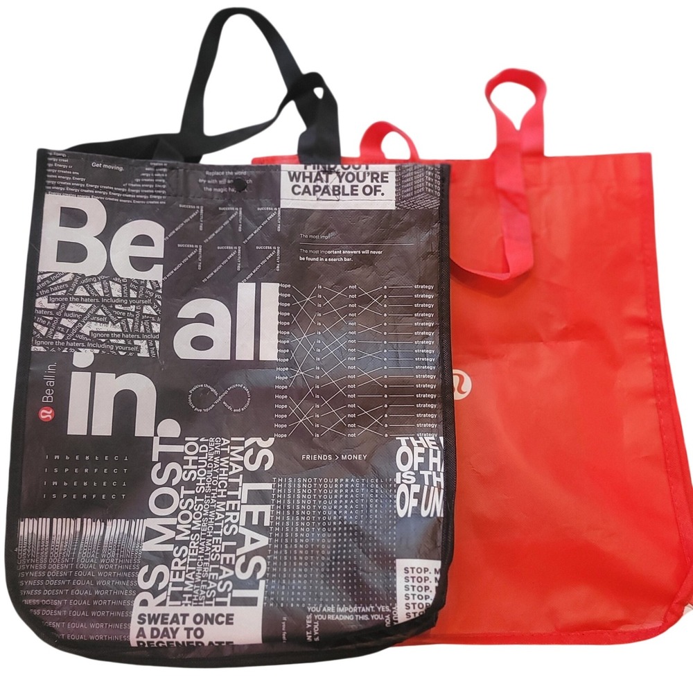 Lululemon Reusable Tote Bag Set Red Logo & Black White Graphic‎ Manifest Shopper